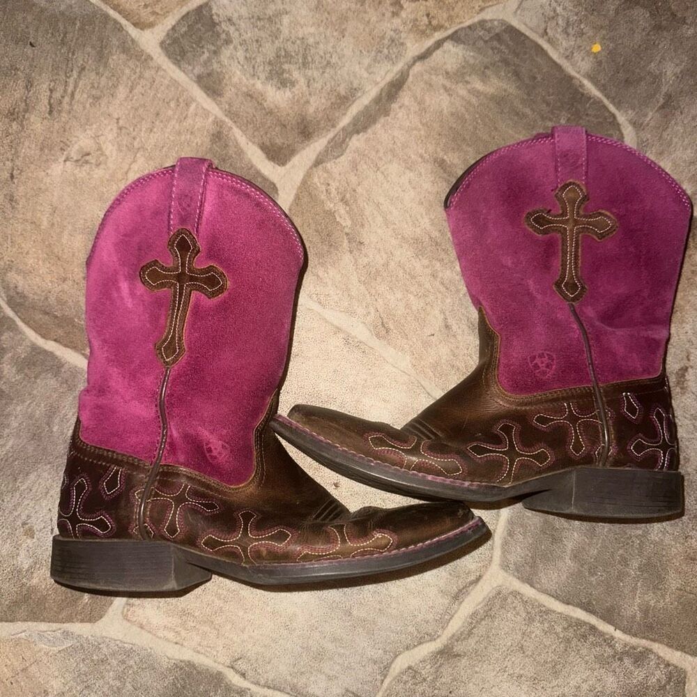 Ariat brown & pink cross western kids 3 cowboycore boots